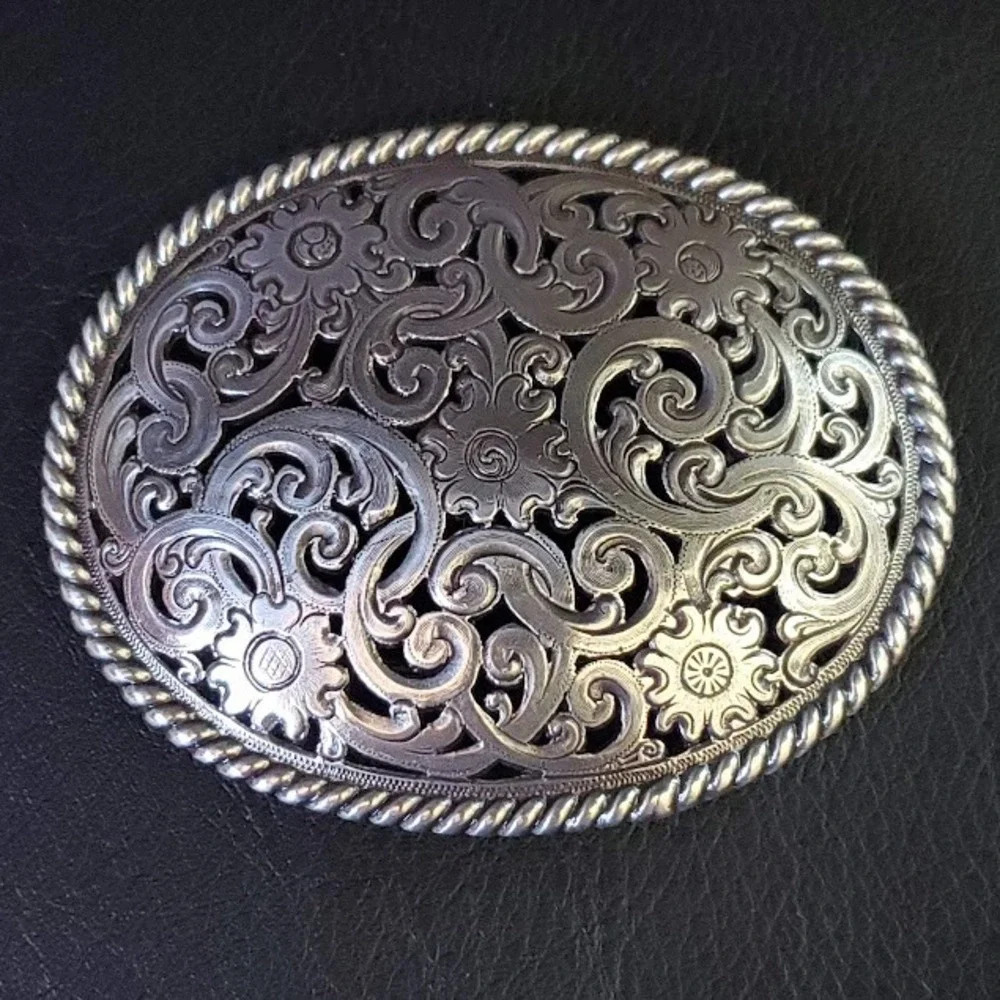 Western Silver Tone Filigree Floral Oval Belt Buckle Ornate Rope Edge Cowgirl